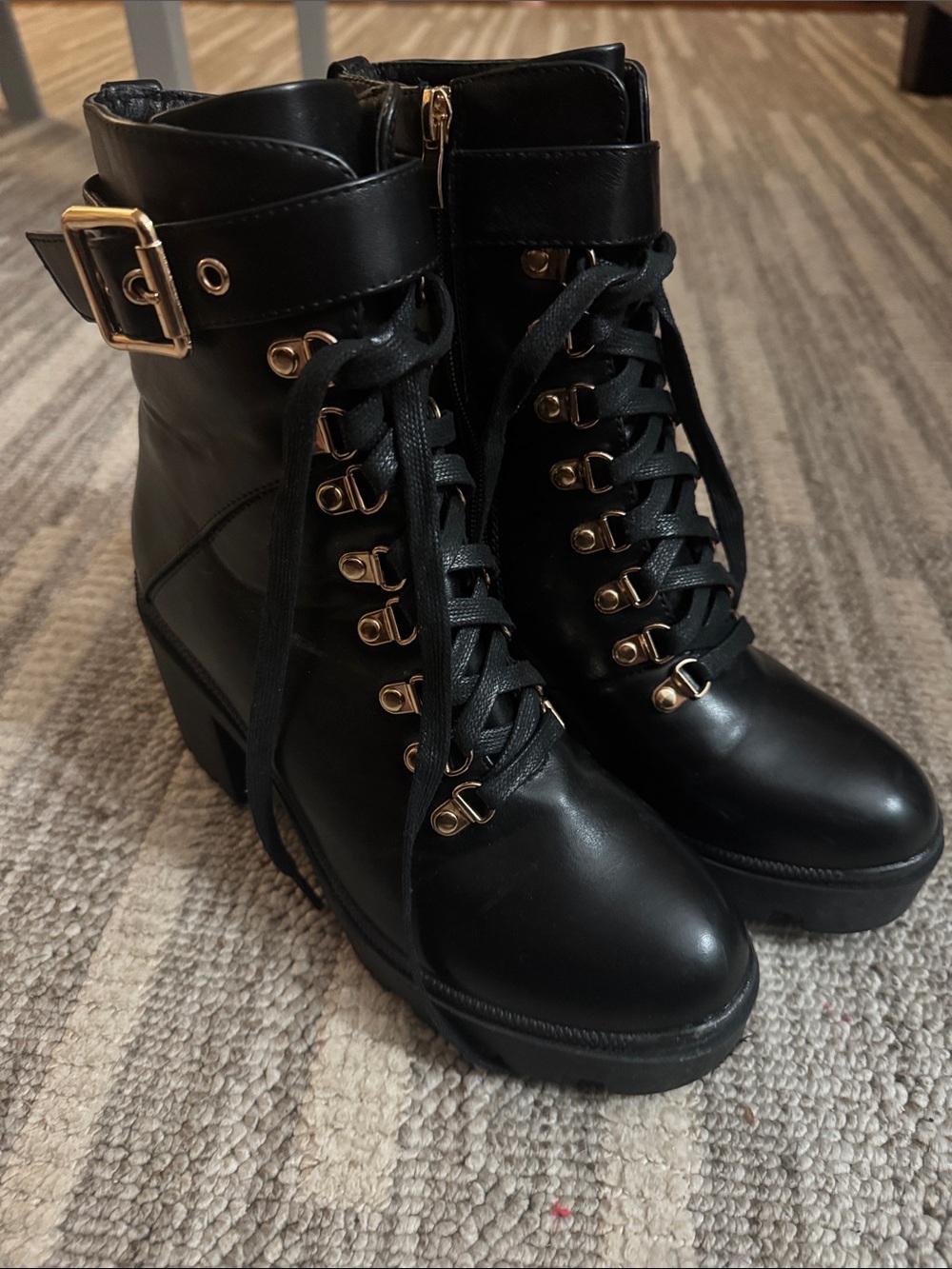 Black Lace-Up Platform Ankle Boots with Gold Hardware